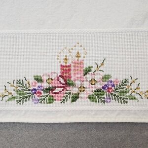 Vintage Christmas Cross Stitch Tablecloth Topper Pink Candles White 32x31